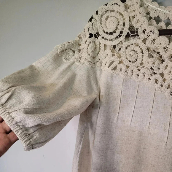 UMGEE linen cotton crochet lace balloon sleeve BOHO blouse top, oatmeal size M - Picture 3 of 9